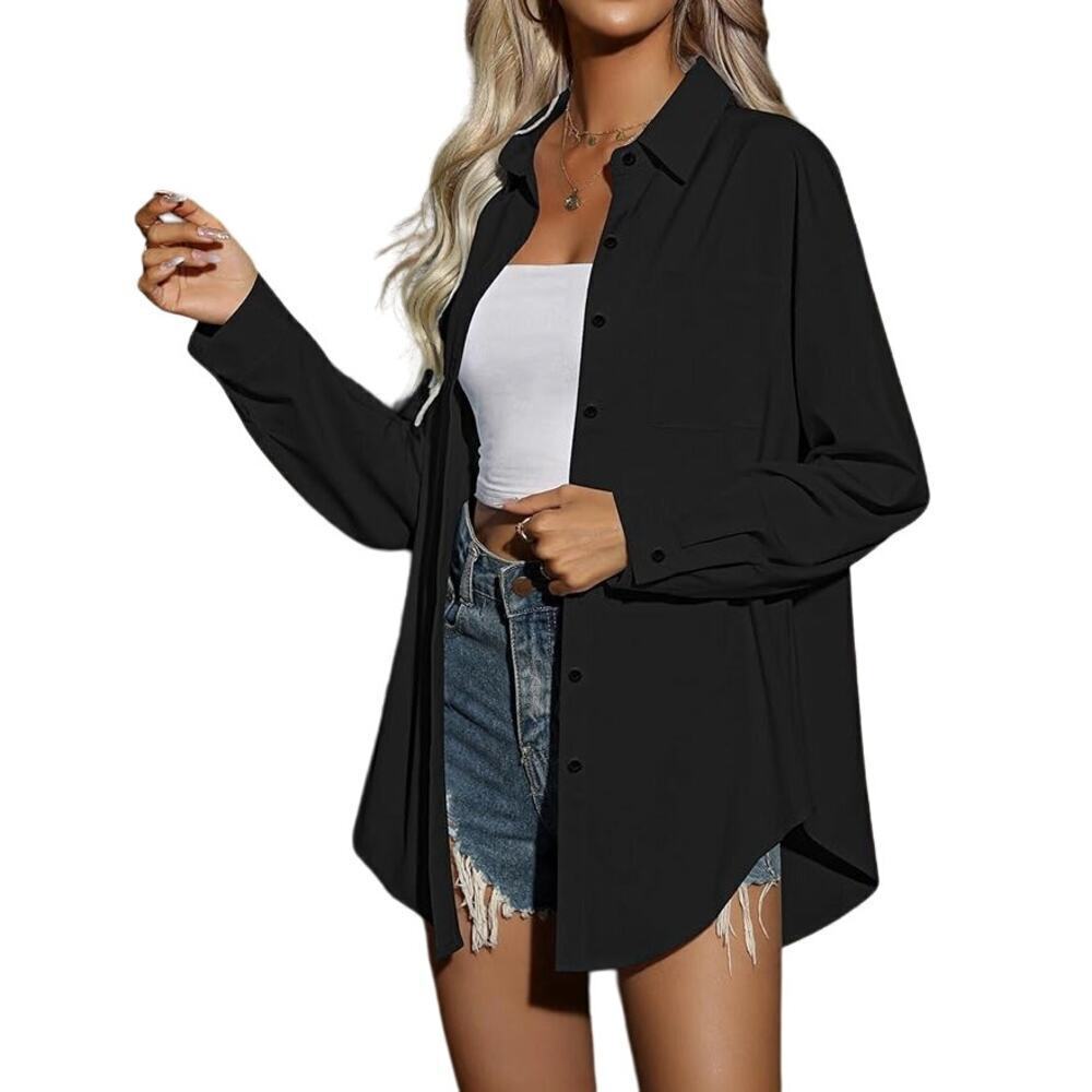 Hotouch Women Oversized Button Down Shirt in Black, Size XXL​​​​